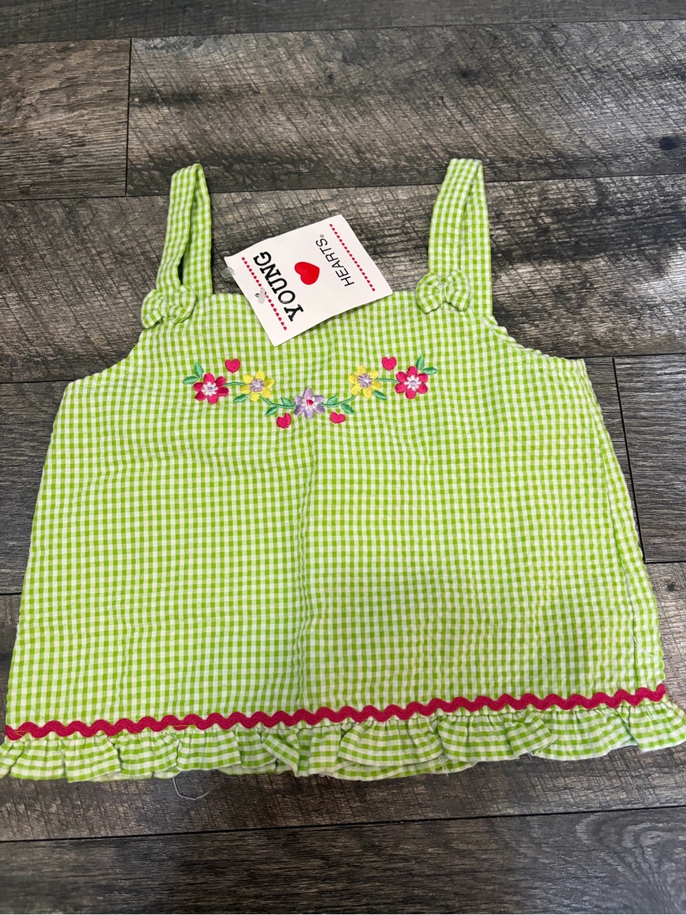 Vintage Green Gingham Girls' Tank Top with Floral Embroidery 6x
